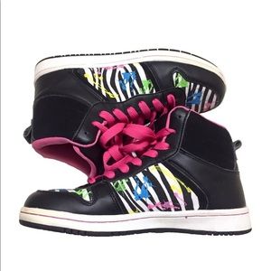 Black and pink zebra splatter paint hightops
